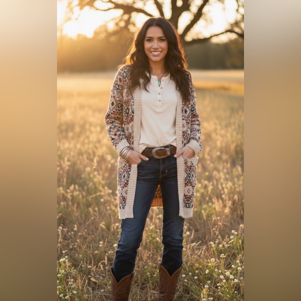 Baciano‎ Western Geometric Patterned Knit Cardigan XL Cotton Coastal Rodeo Boho